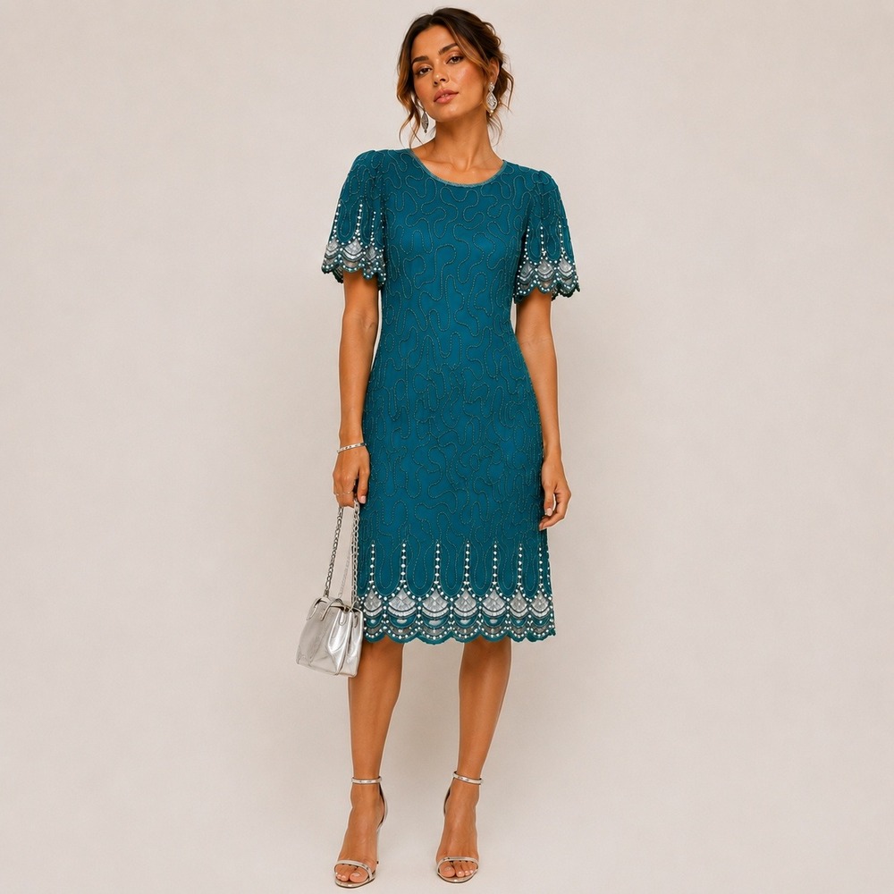 Laurence Kazar 80s Teal Beaded Silk Dress Scalloped Pearl Sequin Cocktail Small
